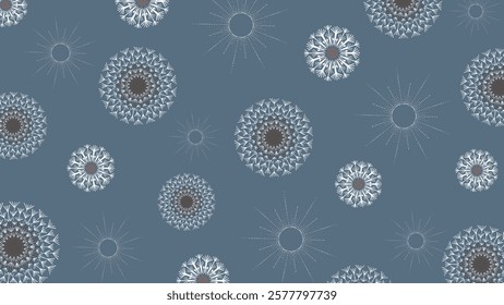 Elegant dandelion-inspired abstract floral pattern on a muted blue background, perfect for fabric, wallpaper, or decorative designs.