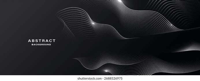 Elegant dark abstract background with flowing white lines and glowing wave patterns.
