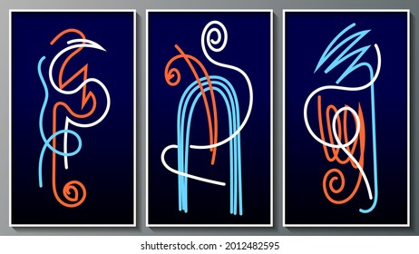 Elegant Dark Art Triptych. Groups Of White, Blue, Orange Overlapping Swirling Lines On A Black Background. Three Images In White Thin Frames. Vector