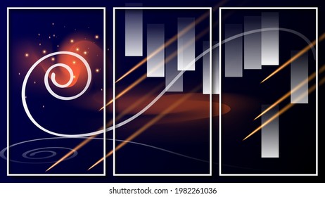elegant dark art triptych. three abstract images in white frames. translucent shapes, a swirling streak, falling meteorites and lights against a mix of dark blue and orange colors. vector