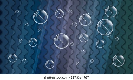 Elegant dark background with 3D effect. Transparent bubbles of different sizes against a surface of overlapping wavy stripes. Vector.

