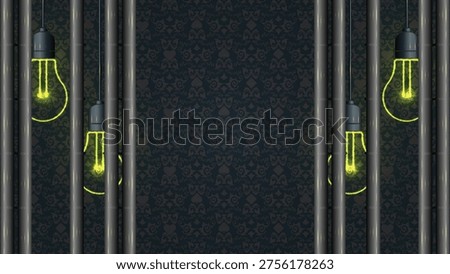Elegant dark background featuring glowing neon light bulbs, vertical metallic pipes, and a sophisticated damask pattern. Perfect for luxury event posters, nightclub flyers, or digital stage backdrops.