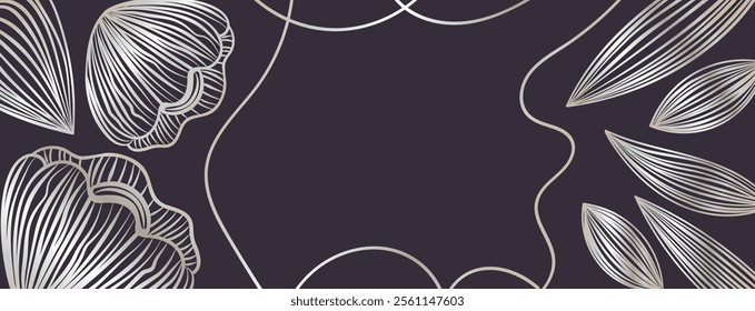 Elegant dark background with silver floral elements and copy space. For luxury designs, event invitations, banners, or presentations