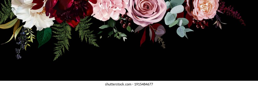 Elegant dark banner, arranged leaves and flowers. Dusty pink garden rose, burgundy red peony, hydrangea, ranunculus, berry, fern vector design. Masterpiece style. Autumn card. Isolated and editable