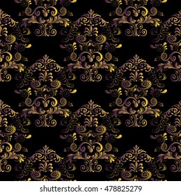 Elegant dark baroque damask floral vector seamless pattern background wallpaper illustration with vintage stylish decorative gold 3d flowers and ornaments in Victorian style.. Luxury endless texture.