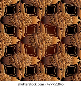 Elegant dark  baroque damask floral vector seamless pattern background wallpaper illustration with 3d antique flowers,leaves and ornaments.Decor elements with shadows  and highlights.Endless texture
