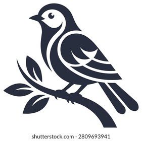 Elegant dark bird perched on a tree branch with leaves. Detailed stylized illustration representing nature, wildlife, or avian life. Vector art.