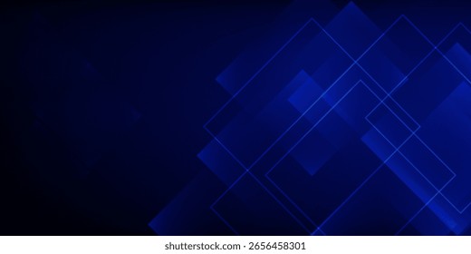 Elegant dark blue abstract background featuring overlapping transparent geometric squares. Perfect for technology themes, digital presentations, business templates, and web design.