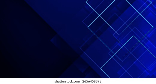 Eleganter dunkelblauer abstrakter Hintergrund mit überlappenden transparenten geometrischen Quadraten. Perfekt für Technologiethemen, digitale Präsentationen, Geschäftsvorlagen und Webdesign.