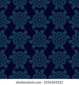 Elegant dark blue abstract vector background with curly shapes, swirls, floral elements. Luxury vintage seamless pattern. Ornament texture in damask, baroque, rococo, revival style. Repeated design