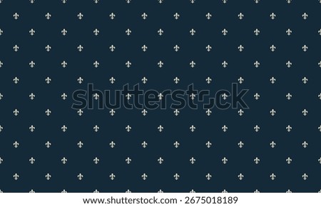 Elegant dark blue background adorned with a repeating pattern of subtle, lightgrey fleurdelis motifs.