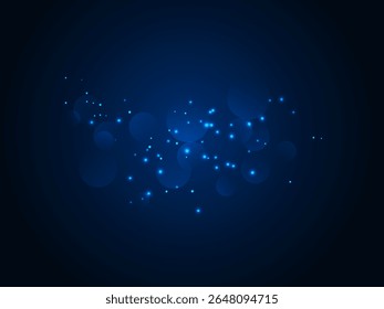 Elegant dark blue background with glowing bokeh circles and scattered light particles. Ideal for tech designs, starry night themes, digital interfaces, or cosmic and futuristic presentations.