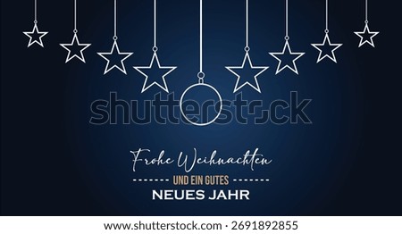 Elegant dark blue background with white outline stars and a bauble hanging, featuring German text 'Frohe Weihnachten und ein gutes neues Jahr'.