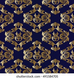 Elegant dark blue  baroque damask vintage vector seamless pattern background illustration.with 3d  antique floral medieval baroque gold 3d flowers and ornaments.
