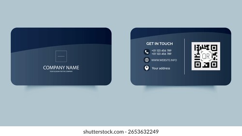Elegant dark blue business card template with curved shapes, QR code, contact icons, and modern layout. Suitable for corporate branding and professional identity.