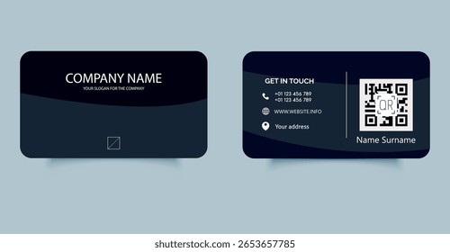 Elegant dark blue business card template with curved shapes, QR code, contact icons, and modern layout. Suitable for corporate branding and professional identity.
