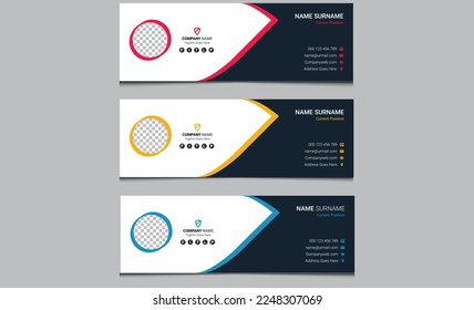 Elegant dark blue creative corporate business email signature template design. Simple clean abstract Modern professional web email signature design blue yellow pink colors combination.