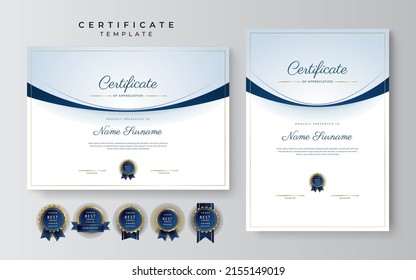 Elegante plantilla de certificado de logro de color azul oscuro y oro premium. Ilustración de vectores para las necesidades empresariales, empresariales y educativas multipropósito