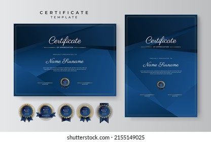 Elegant dark blue and gold premium certificate of achievement template. Vector illustration for multipurpose business, corporate and education needs