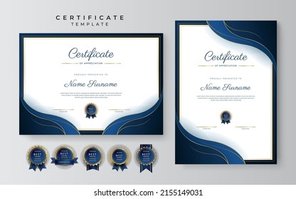 Elegant dark blue and gold premium certificate of achievement template. Vector illustration for multipurpose business, corporate and education needs