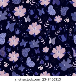 Elegant dark blue repeating flower pattern decorated with apple flowers in peach color, butterflies, roses, ornament flowers. Elegant textile pattern vector repeating pattern 