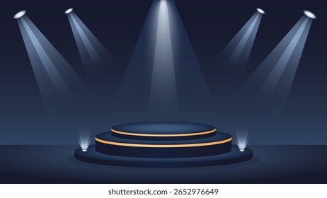 Elegante fundo de pódio de palco azul escuro iluminado com holofotes brilhantes perfeito para exibição de produtos, apresentações, eventos e projetos de publicidade modernos em uma cena elegante.