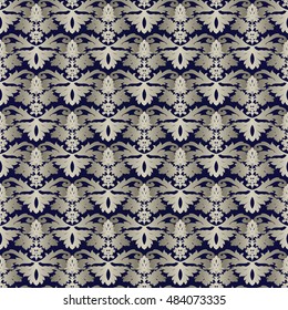Elegant dark blue vector seamless pattern background wallpaper illustration with decorative antique stylish oriental floral beige 3d ornaments in Eastern persian arabian style.Endless elegance texture