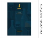 Elegant Dark Blue Wine Bottle and Glass Vector Illustration - Sophisticated Geometric Design Cover Template A4 for brochures, posters, invitation cards, promotion banners and menus.