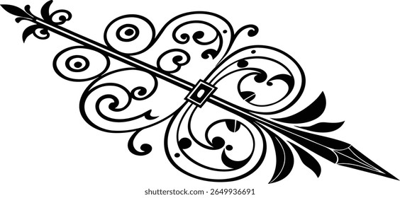 Elegant dark brown ornate scrollwork with a pointed finial and decorative flourishes on a white background