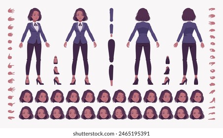 Elegant dark brunette business attractive girl DIY character creation set. Female body figure parts, formal suit. Head, leg, hand gesture, different emotions, construction kit. Vector illustration