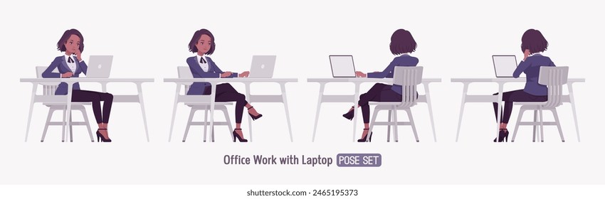 Elegant dark brunette business woman set, working at desk. Classic slim fit jacket suit blazer, black continental necktie, white formal blouse chic office look, professional image. Vector illustration