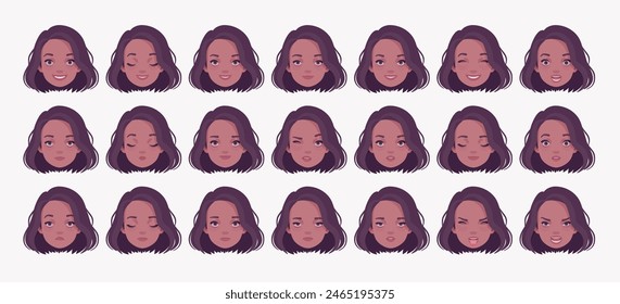 Elegant dark brunette business woman, female emotion set, brown young girl bundle portrait, person head. Different face icons, positive, negative facial expression feature pic. Vector illustration