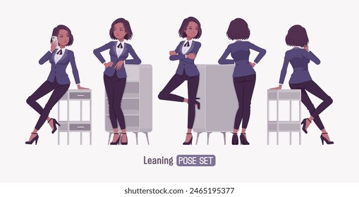 Elegante conjunto de mujer de negocios morena oscura, pose delgada del soporte. Chaqueta slim fit clásico chaqueta blazer, corbata continental negro, blusa formal blanca look de oficina elegante, Imagen profesional. Ilustración vectorial