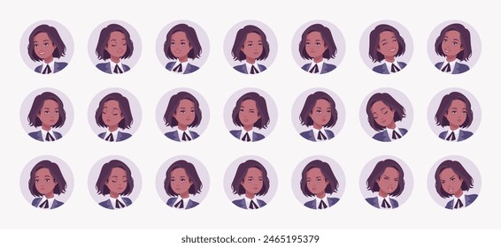 Elegant dark brunette business woman, brown female avatar nice portrait set, appearance bundle. Different feelings, face emotion icons, player character mood, user pic circles. Vector illustration