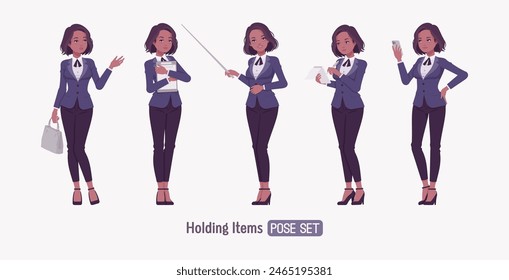 Elegant dark brunette business woman set, holding pose. Classic slim fit jacket suit blazer, black continental necktie, white formal blouse chic office look, professional image. Vector illustration