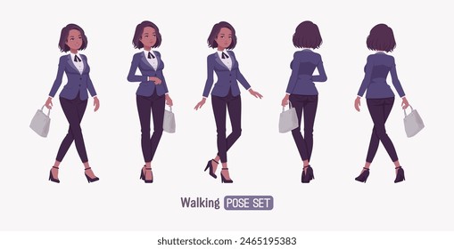 Elegante conjunto de mujer de negocios morena oscura, pose de caminar. Chaqueta slim fit clásico chaqueta blazer, corbata continental negro, blusa formal blanca look de oficina elegante, Imagen profesional. Ilustración vectorial