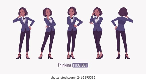 Elegant dark brunette business woman set, pensive think. Classic slim fit jacket suit blazer, black continental necktie, white formal blouse chic office look, professional image. Vector illustration