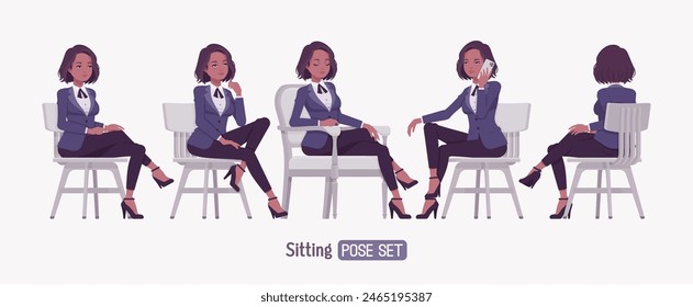 Elegant dark brunette business woman set, chair sit pose. Classic slim fit jacket suit blazer, black continental necktie, white formal blouse chic office look, professional image. Vector illustration