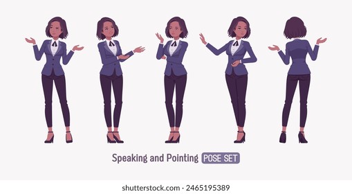 Elegant dark brunette business woman set, speaking pose. Classic slim fit jacket suit blazer, black continental necktie, white formal blouse chic office look, professional image. Vector illustration