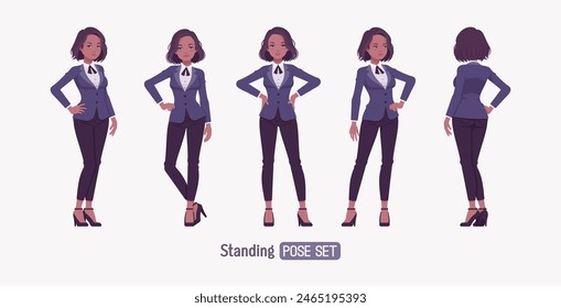 Elegante conjunto de mujer de negocios morena oscura, pose de pie. Chaqueta slim fit clásico chaqueta blazer, corbata continental negro, blusa formal blanca look de oficina elegante, Imagen profesional. Ilustración vectorial