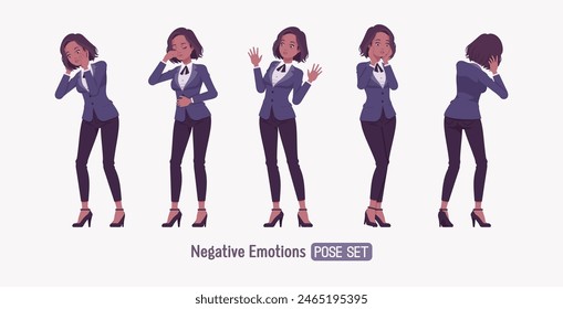 Elegant dark brunette business woman set, negative anger. Classic slim fit jacket suit blazer, black continental necktie, white formal blouse chic office look, professional image. Vector illustration