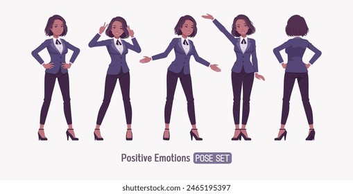 Elegant dark brunette business woman set, positive joy. Classic slim fit jacket suit blazer, black continental necktie, white formal blouse chic office look, professional image. Vector illustration