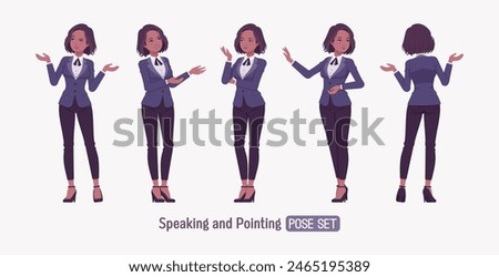 Elegant dark brunette business woman set, speaking pose. Classic slim fit jacket suit blazer, black continental necktie, white formal blouse chic office look, professional image. Vector illustration