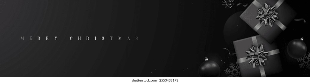 Elegant dark Christmas banner with black gifts and balls