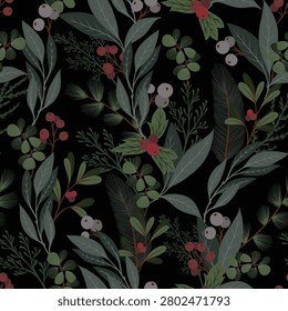 Elegant dark Christmas botanical  pattern with evergreen branches, muted leaves and winter berries on black background. Minimal festive greenery creates a calm seasonal design for greeting cards, wrapping paper, fabric and holiday stationery.