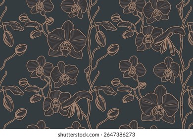 Elegant dark floral pattern with blooming orchids and buds