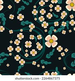 Elegant dark floral seamless pattern. Beige art flowers of different sizes, green swirling stems and leaves are randomly arranged on a black background. Vector.
