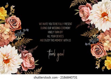 Elegant dark frame, arranged leaves and flowers. Burnt orange garden rose, white dahlia, caramel hydrangea, berry, dried fern vector design. Masterpiece style. Autumn card. Isolated and editable