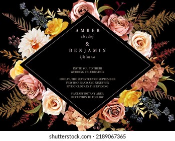 Elegant dark frame, arranged leaves and flowers. Burnt orange garden rose, white dahlia, caramel hydrangea, berry, dried fern vector design. Masterpiece style. Autumn card. Isolated and editable