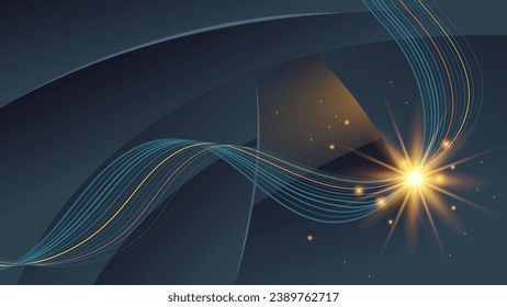 Elegant dark futuristic wallpaper. Flashes of energy, lights, intertwining wavy lines against a background of overlapping abstract shapes and mixing of colors. Vector.